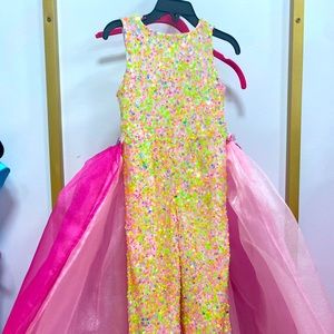 Toddler sequin jumpsuit with hot pink detachable cape